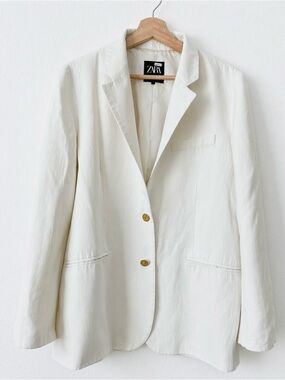 ZARA White Lyocell Blend Blazer Gold Buttons Tailored Jacket Women L